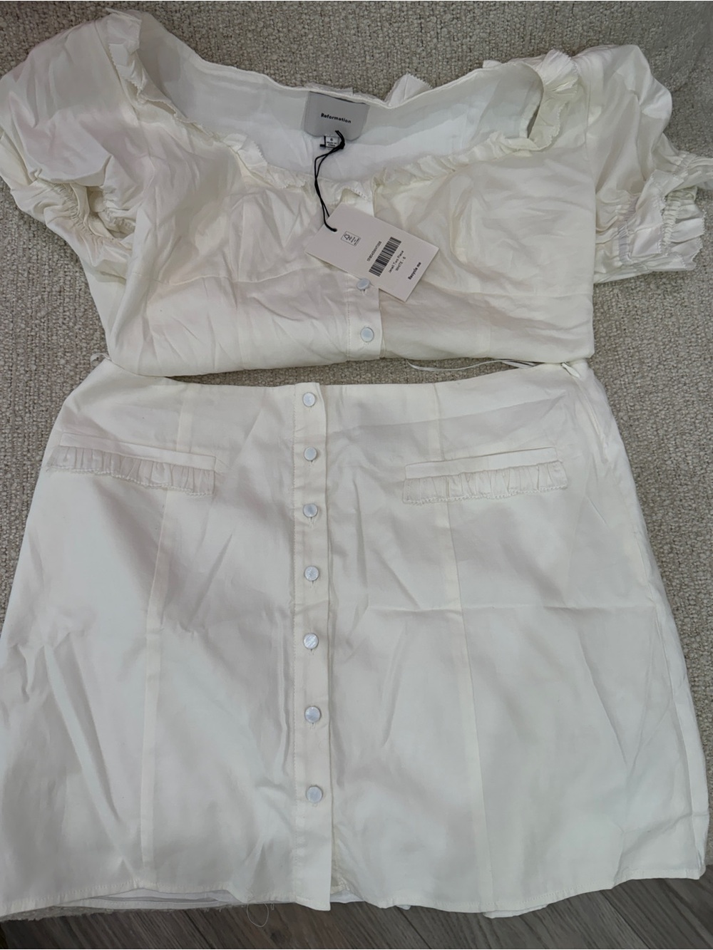 Reformation Janell White Two-Piece Button Front Skirt Set size 6